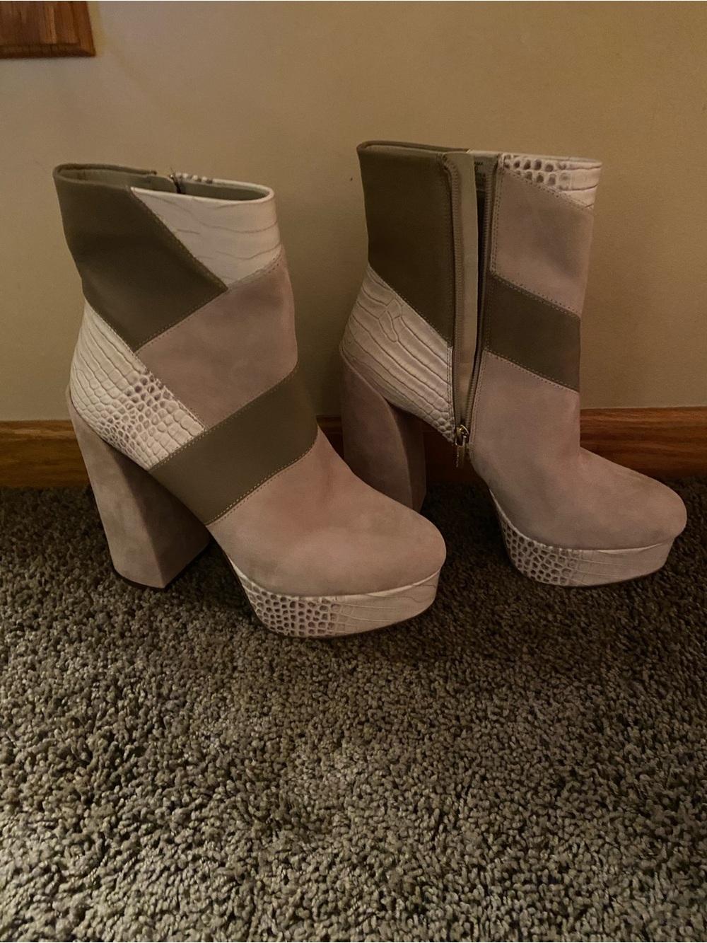 Vince Camuto Taupe and Olive Colorblock Platform Ankle Boots